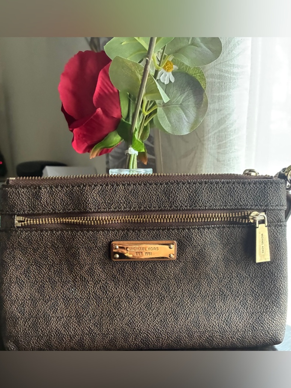 Michael Kors Brown Signature Wristlet with Gold Plaque